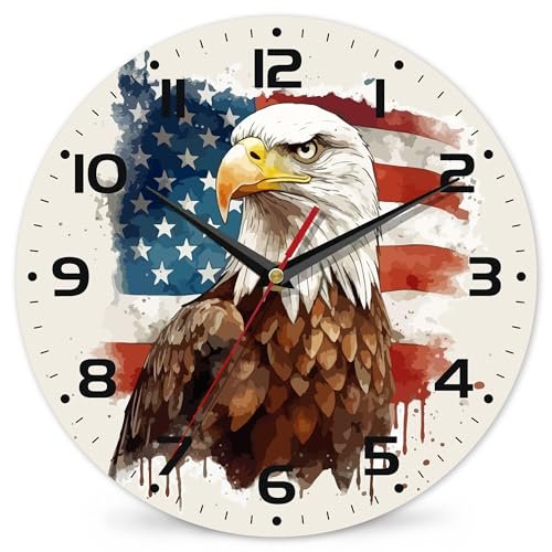 DEMACYA 4th of July American Flag Wall Clock - Watercolor Bald Eagle Contemporary Home Decor - 10 Inch Easy to Read Clock for Living Room, Bedroom, Bathroom and Kitchen