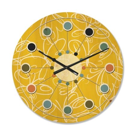 Designart 'Butterflies Yellow color Retro Pattern' Mid-Century Modern Wood Wall Clock