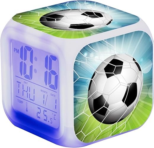 Digital Alarm Clock, 3.15 Inch Football Alarm Clock Cube Novelty Alarm Clock Kids Alarm Clocks with Colorful Night Light Soccer Alarm Clocks for Boys Bedroom