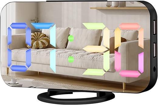 Digital Alarm Clock,Large Display LED and Mirror Desk Clock with Dual USB Charger Ports, 3 Levels Brightness,12/24H Alarm Clocks, Modern Electronic Clock for Bedroom Living Room - Black RGB