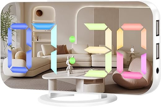 Digital Alarm Clock,Large Display LED and Mirror Desk Clock with Dual USB Charger Ports, 3 Levels Brightness,12/24H Alarm Clocks, Modern Electronic Clock for Bedroom Living Room - White RGB