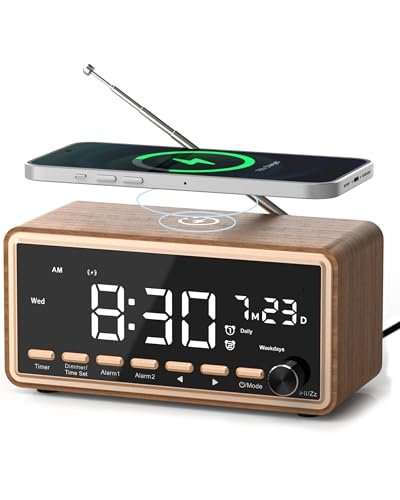 Digital Alarm Clocks Radio for Bedrooms,FM Radio & White Noise Sound Machine with Timer,Bluetooth Speaker,Dual Alarm Clock with Wireless Charging,Dimmable Big LED Display,Holiday Gifts for Men Women