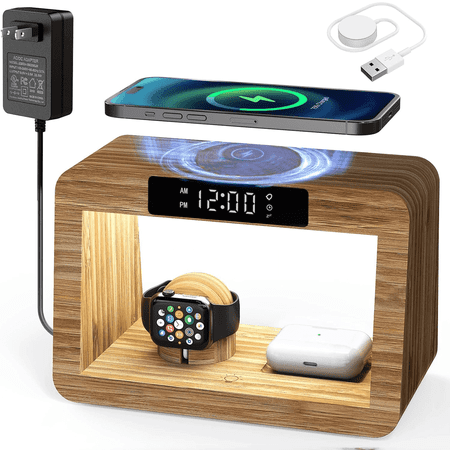 Digital Alarm Clock with phone and Apple Watch Airpods Charging Station,3 in 1 Magsafe Charger with Dimmable Night Light,Bamboo Phone Charging Dock, Gifts For Men