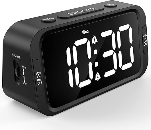 Digital Dual Alarm Clock for Bedroom, Easy to Set, 0-100% Dimmer, USB Charger, 5 Sounds Adjustable Volume, Weekday/Weekend Mode, Snooze, 12/24Hr, Battery Backup, Compact Clock for Bedside
