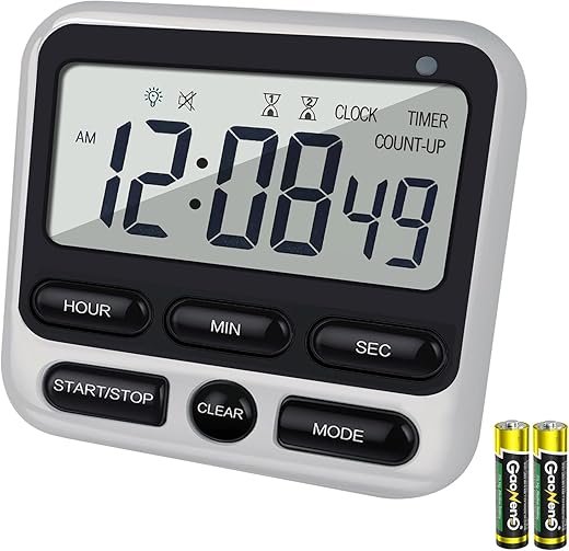 Digital Dual Kitchen Timer with Strong Magnet,24-Hour Countdown & Stopwatch,Loud Alarm,12/24 Hour Clock Switch,Calendar,Visual Indicator Light,Mute Option,3 Placement Options (Batteries Included)