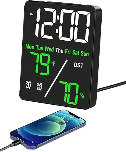 Digital LED Alarm Clock with Thermo-Hygrometer,Dual Alarms,Snooze,Date & Year Display,12/24 Hour Switch,Weekdays,DST,Auto Dimmable with 3 Brightness Levels,USB Output (5V1A) (White+Green Digits)
