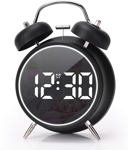 Digital Small Alarm Clock, 4.5 Inch Double Bell Electronic LED Alarm Clock, Plug in or Battery Operated Silent Metal Table Clock, Modern Loud Bedside Clock for Heavy Sleepers Adults Kids (Black)