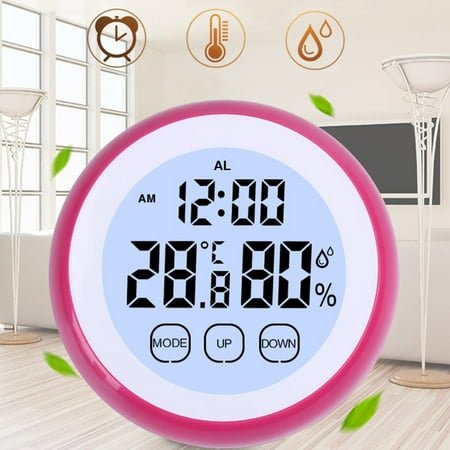 Digital Thermometer Clock, Temperature Humidity Monitor Alarm Clock Touch Screen with Backlight Magnetic Back for Home Kitchen Office Baby Room (Pink)