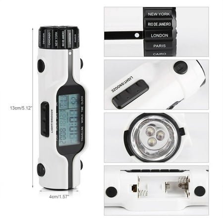 Digital Travel Alarm Clock: World Time, Temperature, Bright LED Flashlight, Pocket Sized