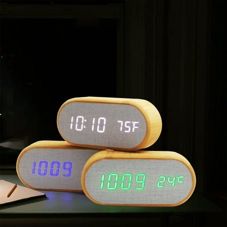 Digital Wooden Alarm Clock | Round Bamboo Style LED Desk Clock with 4 Alarms Sound Control Adjustable 3-Level Dimmer 12/24H Display USB or AAA Battery Backup 1Pc