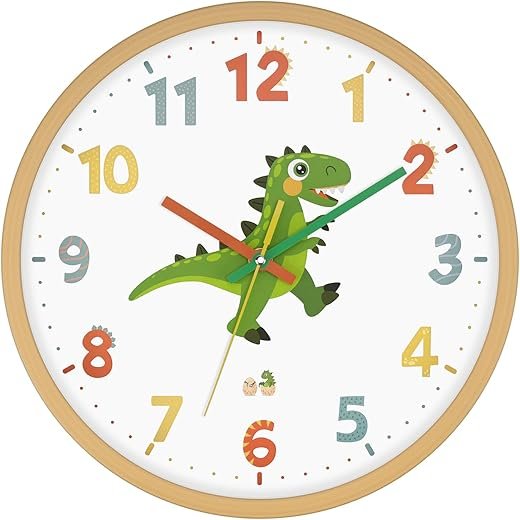 Dinosaur Wall Clock for Kids Bedrooms 12 Inch Silent Non-Ticking Battery Operated Analog Clocks Kids Wall Clock for Classrooms, Kids Bedrooms, Playrooms and Nursery for Toddler Children