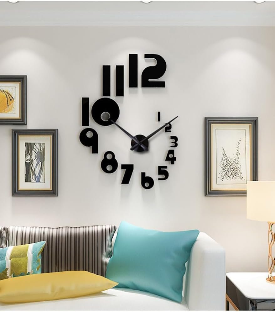 DIY 3D Wall Clock Large Frameless Watch Mirror Surface Wall Art Clock for Living Room Bedroom Office Hotel Wall Decoration (DIYL189-Black)
