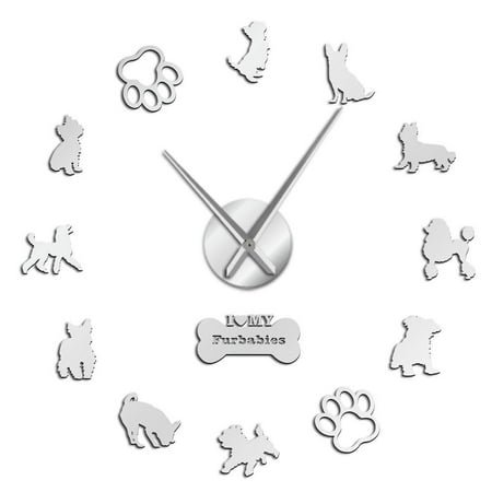 Dog Silhouette Frameless Wall Clock Stickers, DIY Modern Decorative Clocks for Living Room, Bedroom, Office - Easy to Install, Large 3D Clock Design (Silver,27in)