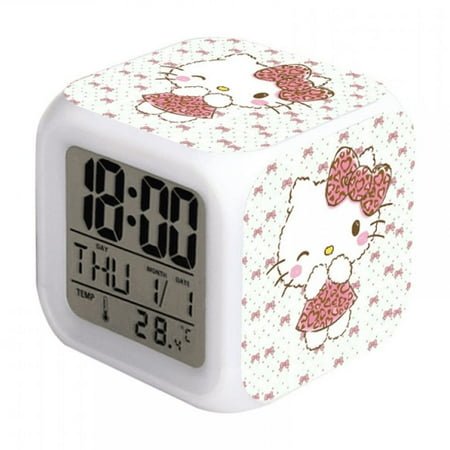DONNGZAE Digital Alarm Clock for Kids, Cartoon Hello Kitty Pattern 7 LED Color Changing Wake Up Clock with Thermometer Function and Night Light, Gift for Boys Girls A93-500 SLO526-0741