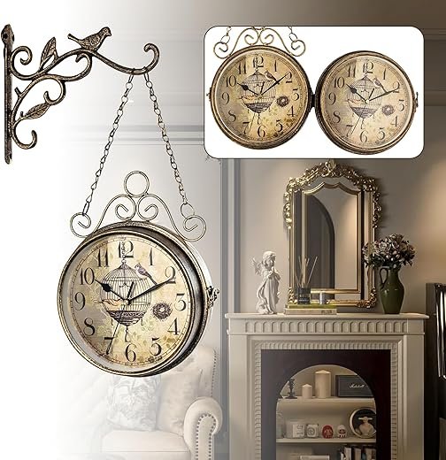 Double-Sided Wall Clock 8 Inch Vintage, Silent Non-Ticking Quartz Movement, Two Sided Retro Iron Antique Clock for Office, Cafe, Library, Bedroom, Living Room, Train Station Decor