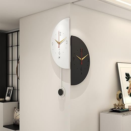Double Sided Wall Clock, Modern Decorative Wall Clock with Pendulum Creative Semi-Circular Wall Clocks Silent Clocks Wall Decor Battery Operated for Living Room Office Bedroom