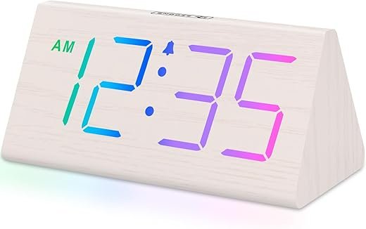 DreamSky Wooden Digital Alarm Clock for Bedroom - RGB Electric Desk Clock with Large Numbers, USB Port, Loud Alarm for Heavy Sleepers, Dimmer and Volume Control, Snooze, Wood Décor (Adapter Powered)