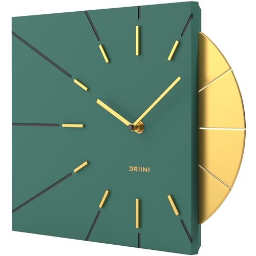 Driini Clocks Mid Century Modern Wall Clock - Square Green Clock with Decorative Gold Accent- Unique and Cool Clock, Battery Operated - MCM Decor & Decorative Wall Clock for Mid Century Modern Decor.
