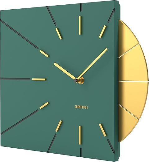 Driini Clocks Mid Century Modern Wall Clock - Square Green Clock with Decorative Gold Accent- Unique and Cool Clock, Battery Operated - MCM Decor & Decorative Wall Clock for Mid Century Modern Decor.