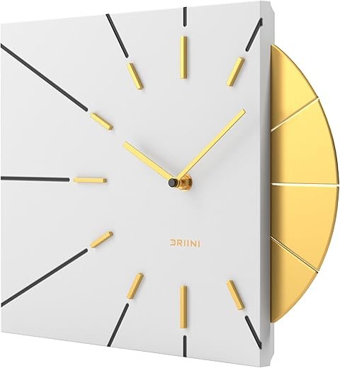 Driini Clocks Mid Century Modern Wall Clock - Square White Clock with Decorative Gold Accent- Unique and Cool Clock, Battery Operated - MCM Decor & Decorative Wall Clock for Mid Century Modern Decor.