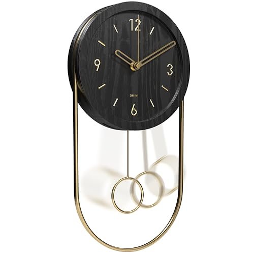 Driini Decorative Wall Clock with Pendulum (Black) – Modern Wood, 3D Gold Numbers, Metal Frame – Small, Unique Wall Clocks for Living Room Decor or Bathroom - Battery Operated, Silent, Non-Ticking