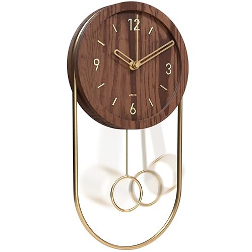 Driini Decorative Wall Clock with Pendulum (Dark) – Modern Wood, 3D Gold Numbers, Metal Frame – Small, Unique Wall Clocks for Living Room Decor or Bathroom - Battery Operated, Silent, Non-Ticking