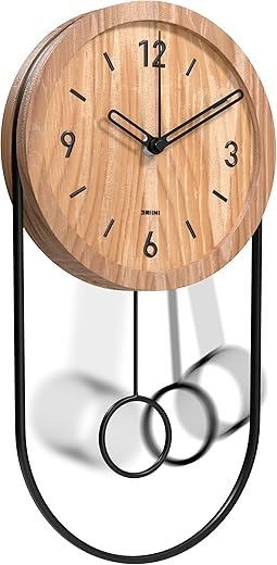 Driini Decorative Wall Clock with Pendulum (Light) – Modern Wood; 3D Black Numbers; Metal Frame – Small, Unique Wall Clocks for Living Room Decor or Bathroom - Battery Operated, Silent, Non-Ticking