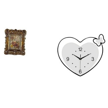 Dualoai Hand Carved Floral Photo Frame Heart Shape Wall Clock Acrylic Picture Holder Tabletop Wall Mounted Antique Decorative Creative Design Quiet Movement Wall Art for Office Dorm Home Decor