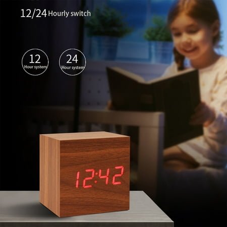 EcoVerve Wood Clock Creative Electronic Clock Square Digital Clock Mini Alarm Clock Bedside Clock