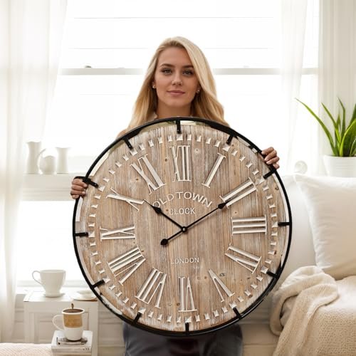 EMAX HOME Large Wall Clock –30 Inch Farmhouse Clock -Extra Large 30 Inch Wood and Metal Wall Clock, Silent and Battery Operated for Living Room, Kitchen and Office Decor