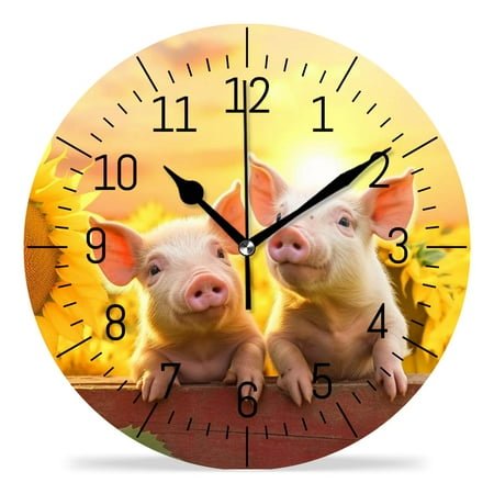 erolrail Rustic Wall Clock,Silent Non Ticking Wall Clocks for Living Room,Bedroom,Kitchen 12IN Cute Pig Fence Sunflower Style