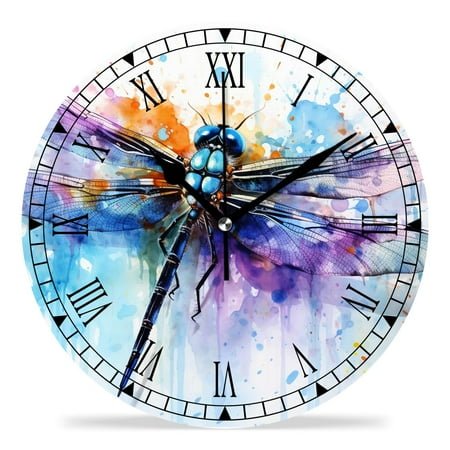 erolrail Rustic Wall Clock,Silent Non Ticking Wall Clocks for Living Room,Bedroom,Kitchen 12IN Watercolor Art Dragonfly Print