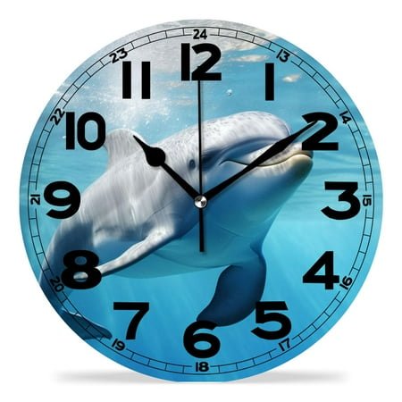 erolrail Rustic Wall Clock,Silent Non Ticking Wall Clocks for Living Room,Bedroom,Kitchen 12IN Funny Dolphin Swimming Illustration