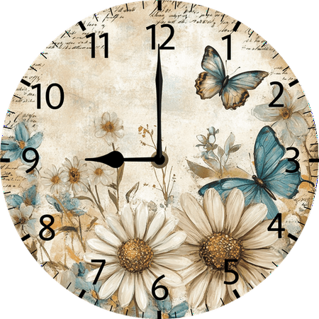 Eveokoki Wood Wall Clock Rustic Country Silent Non-Ticking 10 Inch Vintage Butterflies Daisy Round Clocks Battery Operated for Living Room Kitchen Bedroom Bathroom Office Home School Decor