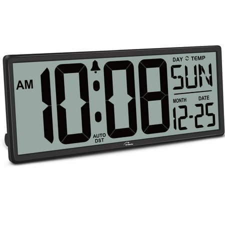 Extra Large Digital Wall Clock 14.5 Inches, Big Clear Numbers, Auto Daylight Saving, Indoor Temp Date, Battery Powered, Wall Mount or Desk Stand, Black