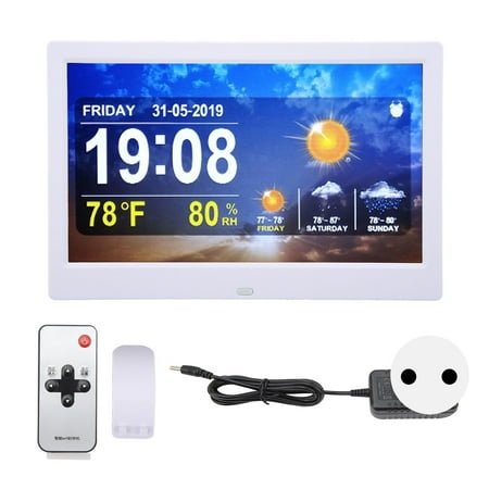 Falleo Clearance WIFI Weather Clock 10in 100?240V White Date Time Temperature Humidity Color Display Alarm Clock with Remote Control Support Photos Videos Music Play EU Plug