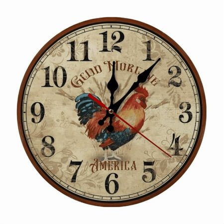 Farm Crowing Rooster Hanging Wooden Wall Clock Rustic Rooster Hen Good Morning Art Clocks Vintage Country Style for Kitchen Bedroom Office,10-Inch (AA Battery Not Included)