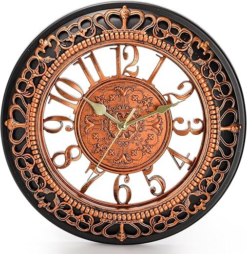 Fasmov 12'' Vintage Bronze Round Wall Clock, Battery Operated, Silent Non-Ticking, Decorative for Living Room, Kitchen, Office