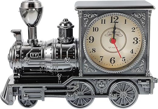 FAVOMOTO Grey Retro Train Clock Model Train Locomotive Clock Table Time Steampunk Decoration Home Office Shelf Model Time (No Battery)
