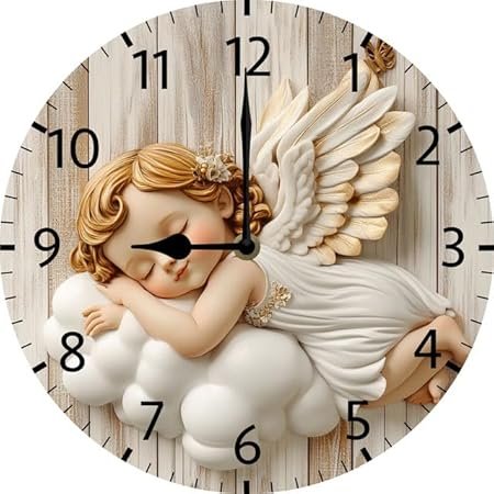 FemiaD Wall Clock Sleeping Angel Wall Clock 10inch Round Wood Decorative Wall Clock Battery Operated for Living Room Bathroom Bedroom Kitchen Office