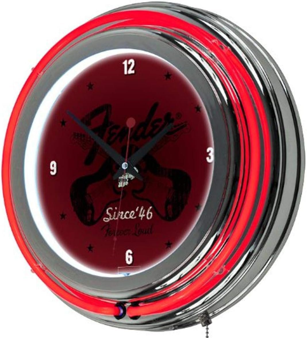 Fender "Top Hat Hot Rod" Chrome Double Ring Neon Clock, 14"