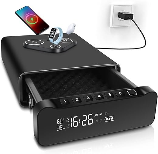 Fingerprint Biometric Gun Safe, Clock Handgun Safe with 3-in-1 Watch & Phone Wireless Charging, Drawer Lock for Hand guns, Cash, Valuables- with Humidity |Temperature| Alarm Clock| Time