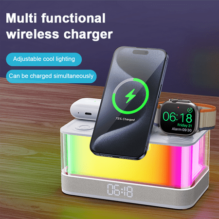 Firsting Multifunctional Wireless Charger Wireless Stereo, Desktop Folding Magnetic Station six-in-one Wireless Charger Clock Bluetooth Speaker Dazzle Color Night Light, white