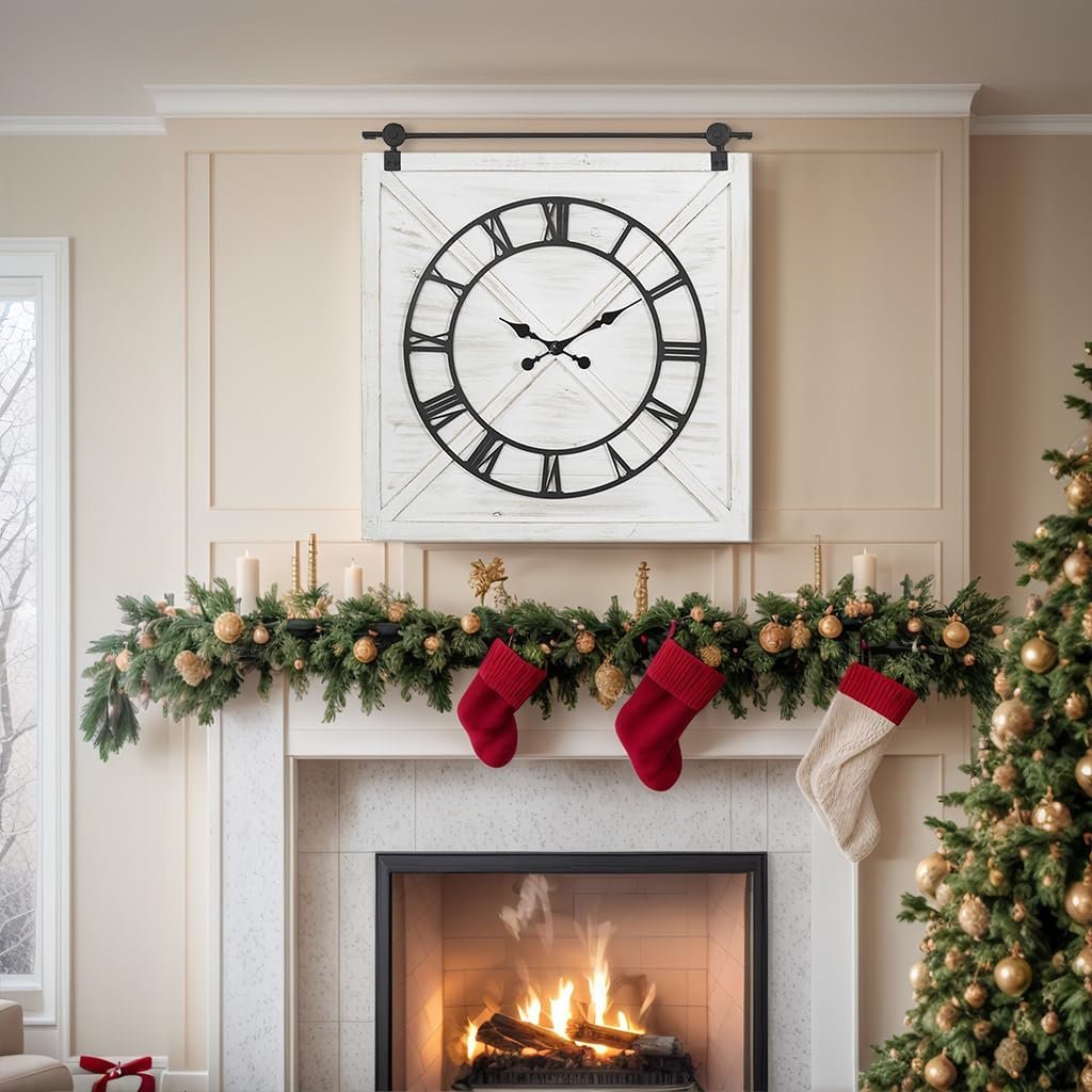 FLORA Large Farmhouse Wall Clock,Rustic Barn Door Wall Clocks for Living Room Decor, Battery Operated 29.5 H x 27 W, Whitewash