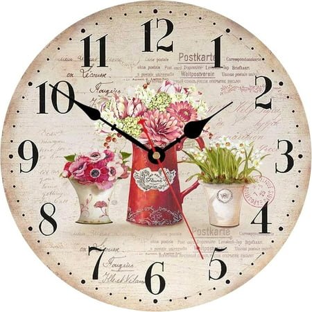 Floral Flower Wall Clock, French Country Vintage Decor, Decorative Battery Operated Silent Non Ticking Wall Clocks for Kitchen Living Room Bedroom Bathroom Office, 12 inch