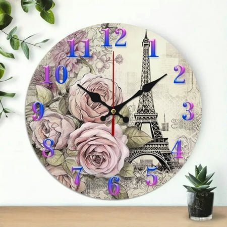 flowers Eiffel Tower drawing Round Clock Silent Mechanical Movement, Wall art Decor Great for Living Room, Kitchen, Dorm Decoration and Daily Practical Gift
