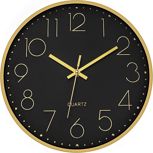 Foxtop Black Gold Wall Clock 12 Inch Silent Non-Ticking Battery Operated Round Quartz Modern Wall Clock for Living Room Kitchen Bedroom Home Office School Decor