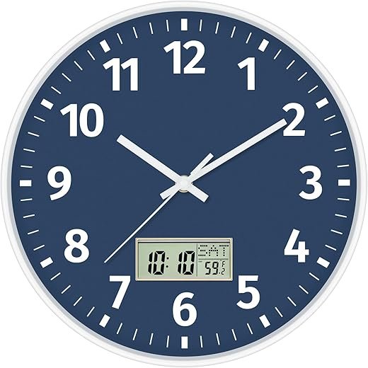 Foxtop Digital Wall Clock with Time, Day of Week and Temperature, Silent Non-Ticking Battery Operated Round Digital and Analog Wall Clock for Classroom Office Bedroom Home School (12 Inch, Blue)
