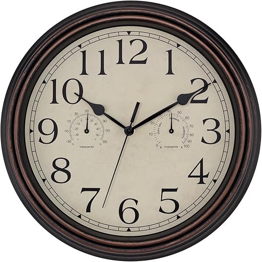 Foxtop Indoor Outdoor Waterproof Wall Clock with Thermometer and Hygrometer Combo, 14 Inch Retro Silent Non-Ticking Battery Operated Quartz Round Outdoor Clocks for Patio Home Office (Bronze)