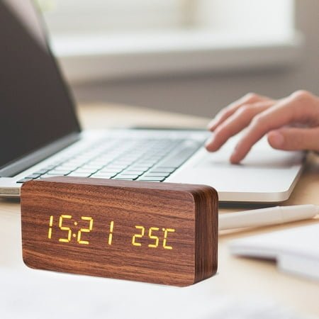 FRCOLOR Modern Wooden Wood LED Alarm Clock Calendar Thermometer Without Battery(Brown and Wood White)